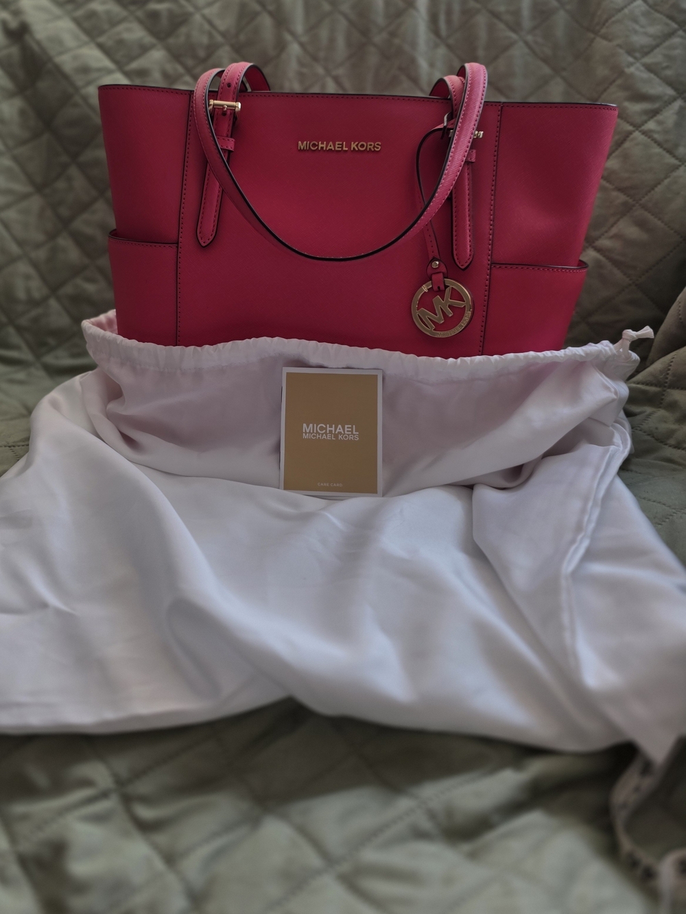 NWT-Michael Kors Pink Saffiano Leather Tote with Gold MK Charm